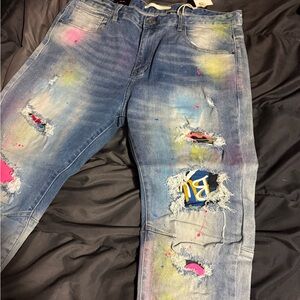 Slim Straight Paint-Splatter Distressed Jeans - Blue